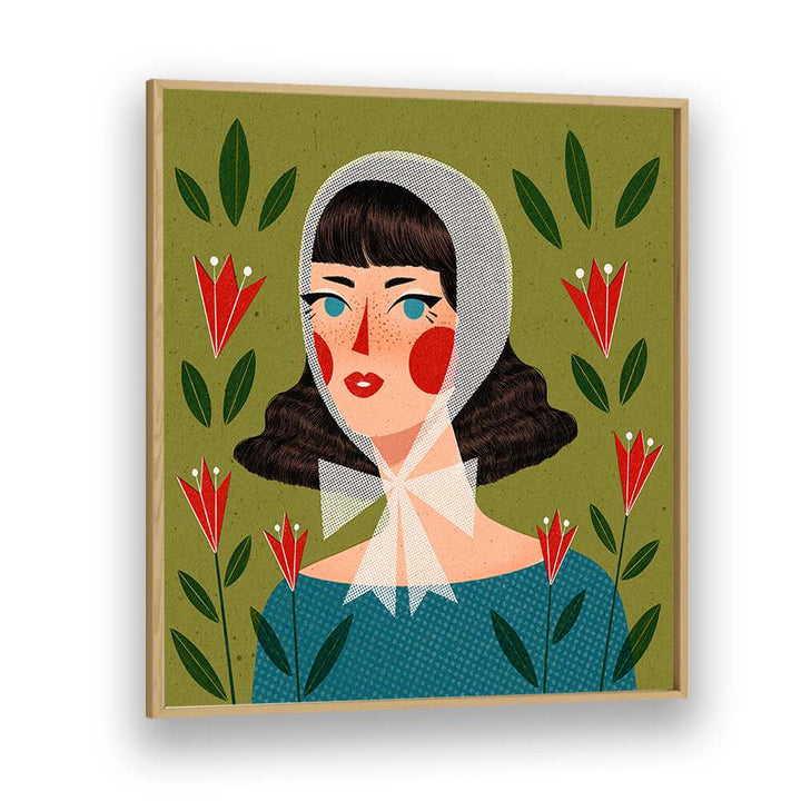 Retro Portrait By Julia Leister Women Illustration Paintings in Oak Wood Plain Frame