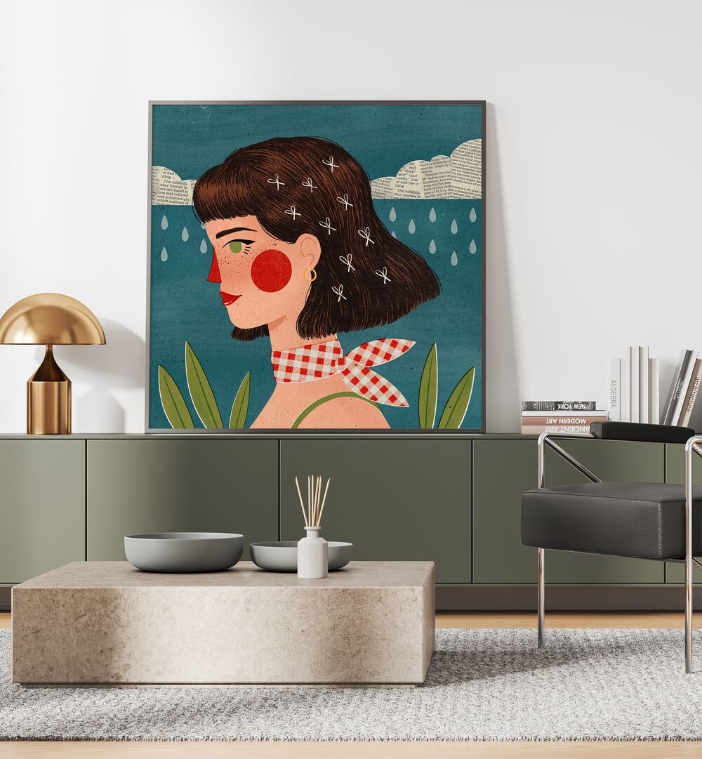 Retro Side Portrait By Julia Leister Women Illustration Paintings in Black Plain Frame placed on a console table