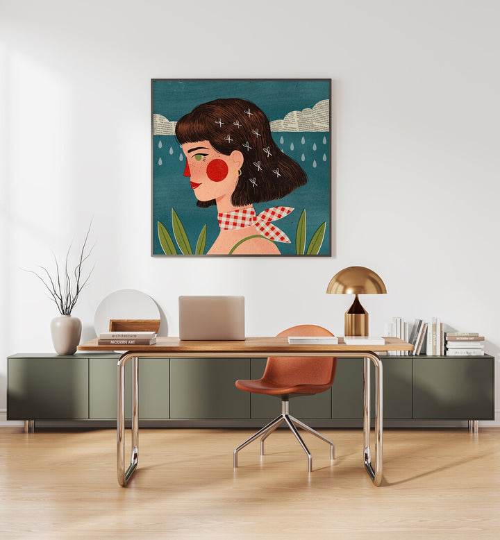 Retro Side Portrait By Julia Leister Women Illustration Paintings in Black Plain Frame on a white wall placed behind a console table