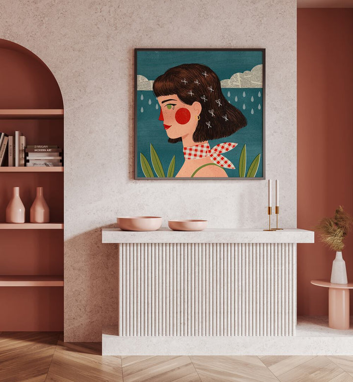 Retro Side Portrait By Julia Leister Women Illustration Paintings in Black Plain Frame placed on a wall behind a table