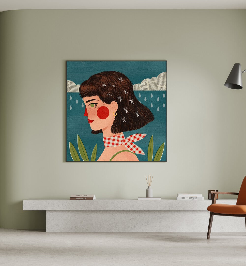 Retro Side Portrait By Julia Leister Women Illustration Paintings in Black Plain Frame on a green wall behind a table