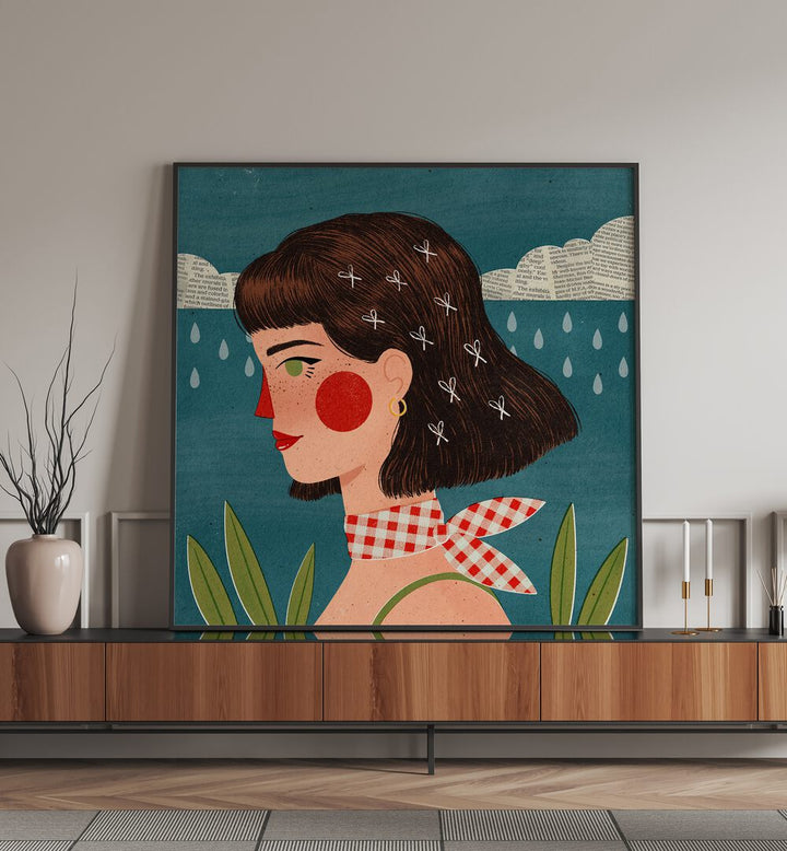 Retro Side Portrait By Julia Leister Women Illustration Paintings in Black Plain Frame placed on a console table