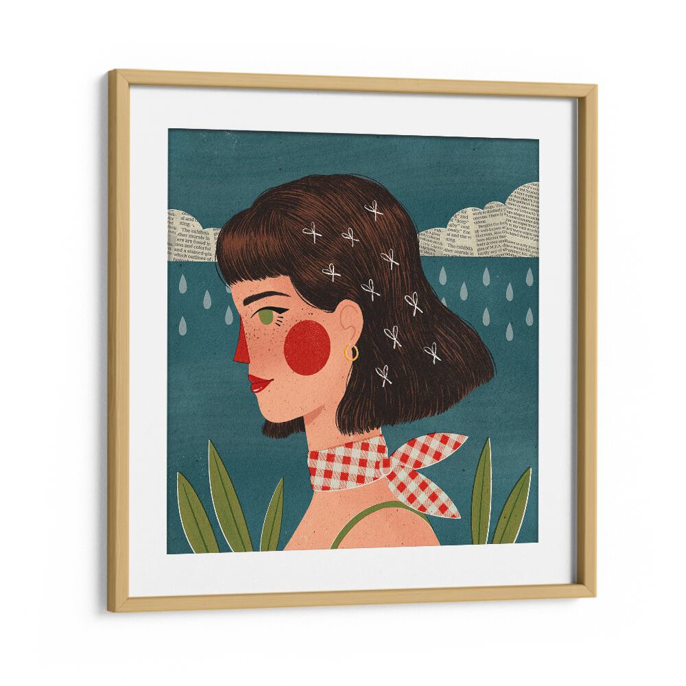 Retro Side Portrait By Julia Leister Women Illustration Paintings in Oak Wood Frame With Mount