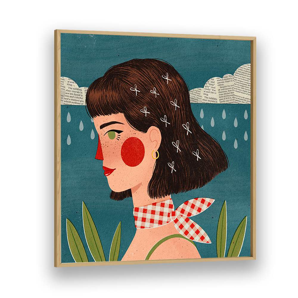 Retro Side Portrait By Julia Leister Women Illustration Paintings in Oak Wood Plain Frame