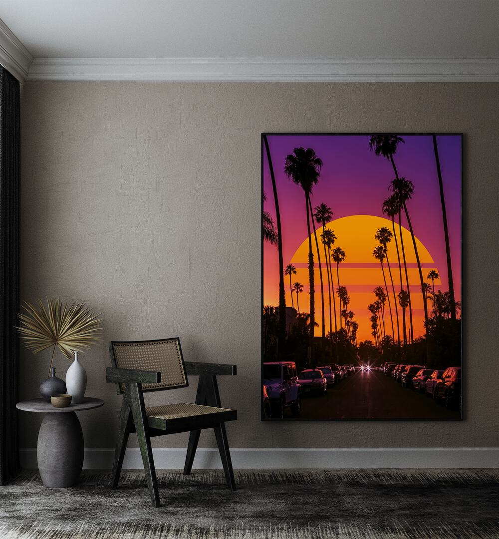 Retro Sunset By Ritvik Takkar Surrealism in Black Plain Frame  placed on a Beige Colored Wall in the Drawing Room