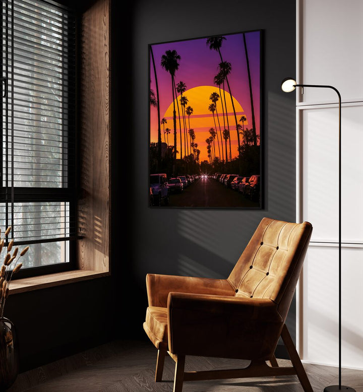 Retro Sunset By Ritvik Takkar Surrealism in Black Plain Frame placed on a Dark Grey Colored Wall in the Drawing Room