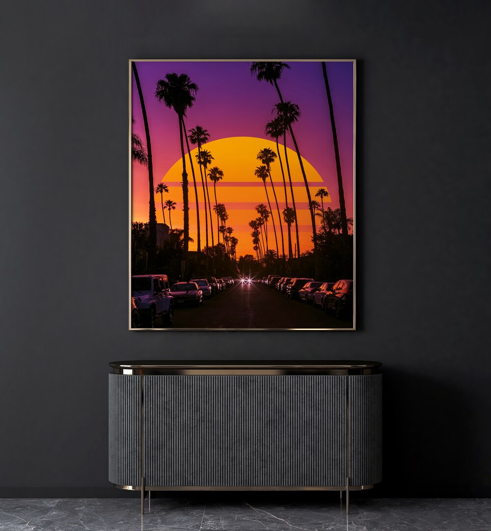 Retro Sunset By Ritvik Takkar Surrealism in Gold Plain Frame placed on a Dark Grey Colored Wall above a Console Table in the Drawing Room