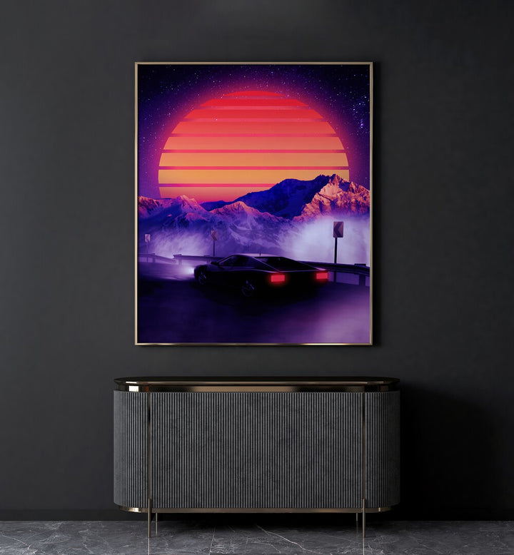 Retro Synth By Ritvik Takkar Surrealism in Gold Plain Frame placed on a Dark Grey Colored Wall above a Console Table in the Drawing Room