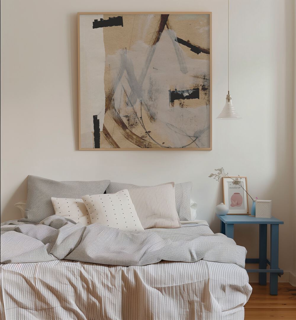 Reunion By Dan Hobday Abstract Art Abstract Paintings in Oak Wood Plain Frame placed on a Cream Colored Wall near a Bed in the Bedroom