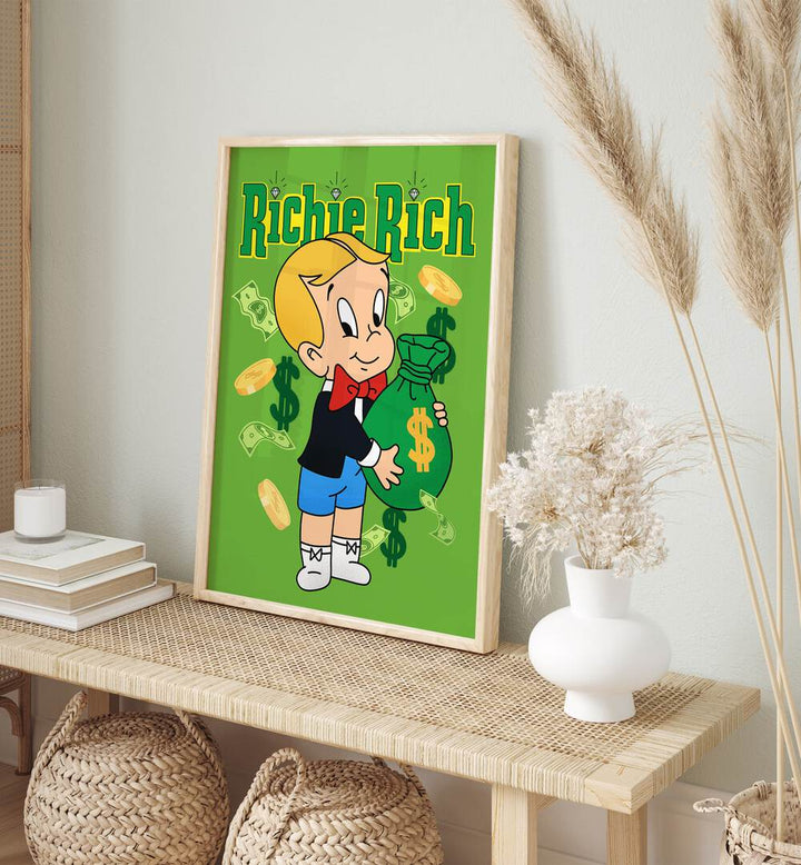 Riche Rich Comic Wall Art Comic Posters in Oak Wood Plain Frame placed on a Console Table 