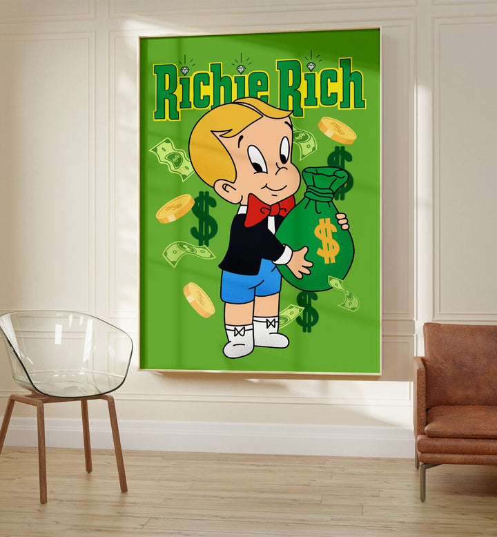 Riche Rich Comic Wall Art Comic Posters in Oak Wood Plain Frame placed on a Cream Colored Wall in the Drawing Room