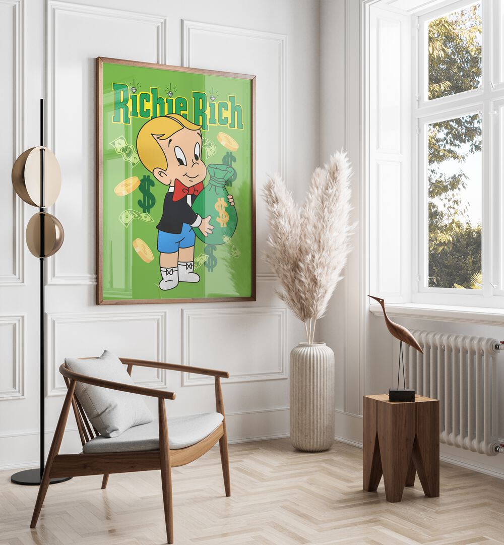 Riche Rich Comic Wall Art Comic Posters in Dark Wood Plain Frame placed on a White Colored Wall in the Drawing Room