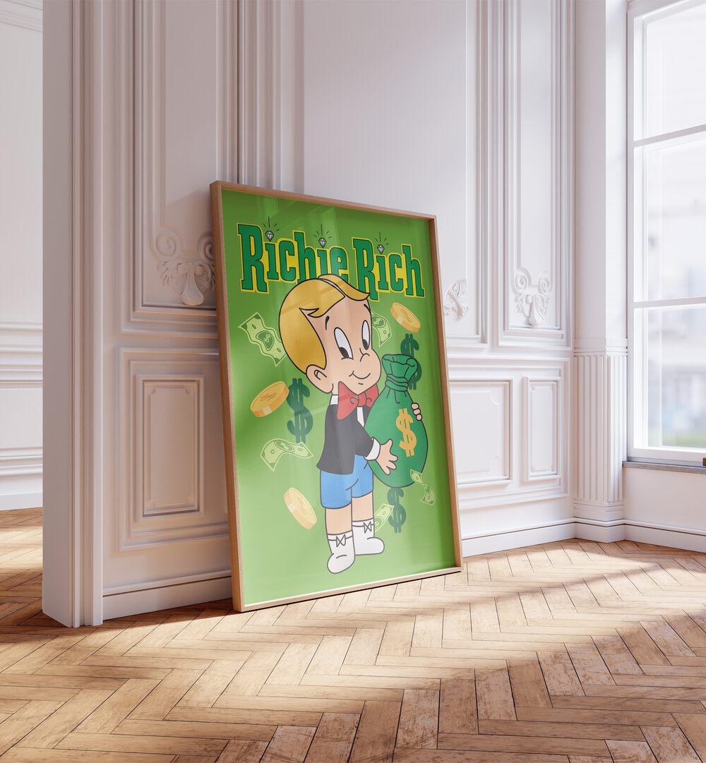 Riche Rich Comic Wall Art Comic Posters in Oak Wood Plain Frame placed on the floor near a White Colored Wall in the Alley Way