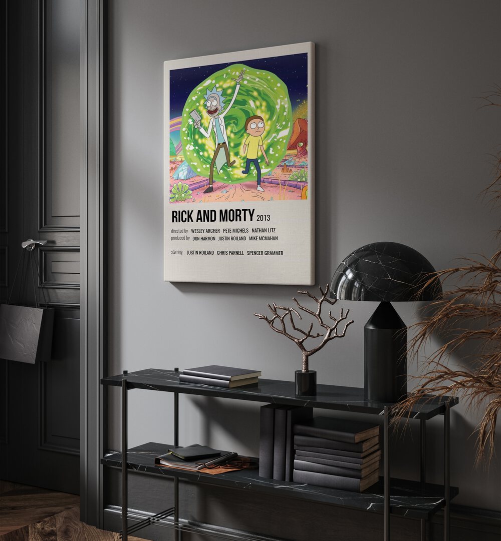 Rick Morty 2013 i Movie Posters in Gallery Wrap hanging on wall above console table beside door and window