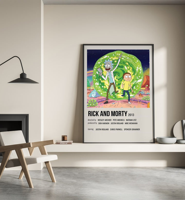 Rick Morty 2013 i Movie Posters in Black Plain Frame place on a wall behind a chair beside lamp