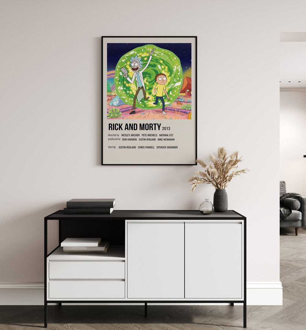 Rick Morty 2013 i Movie Posters in Black Plain Frame hanging on wall above console table
