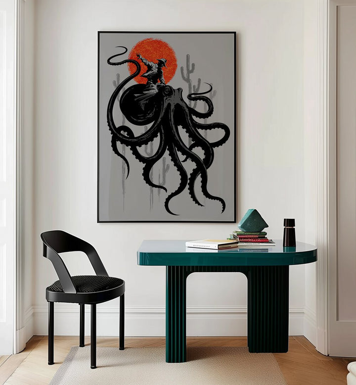 Riding The Octopus Cowboy Art Prints in Black Plain Frame placed on a White Colored Wall Near a Study Table in the Work Space in the Drawing Room