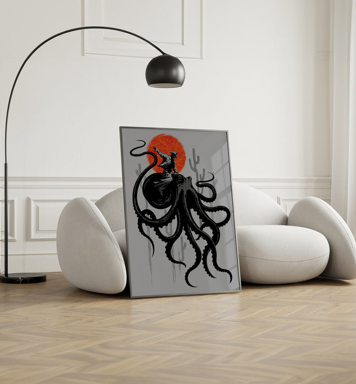 Riding The Octopus Cowboy Art Prints in Black Plain Frame placed on the floor near a White Sofa in the Living Room