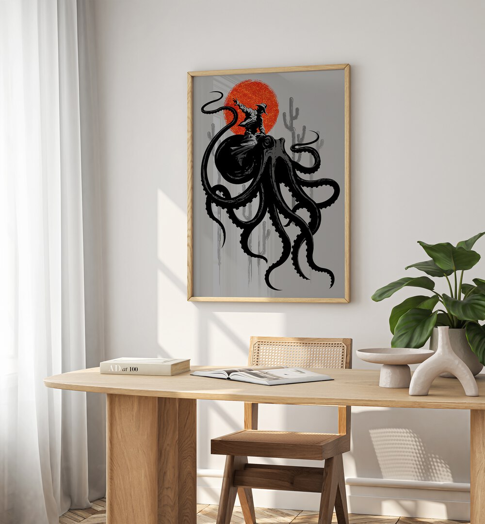 Riding The Octopus Cowboy Art Prints in Oak Wood Plain Frame placed on a White Colored Wall Near a Study Table in the Work Space in the Drawing Room