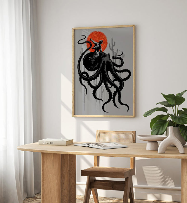 Riding The Octopus Cowboy Art Prints in Oak Wood Plain Frame placed on a White Colored Wall Near a Study Table in the Work Space in the Drawing Room