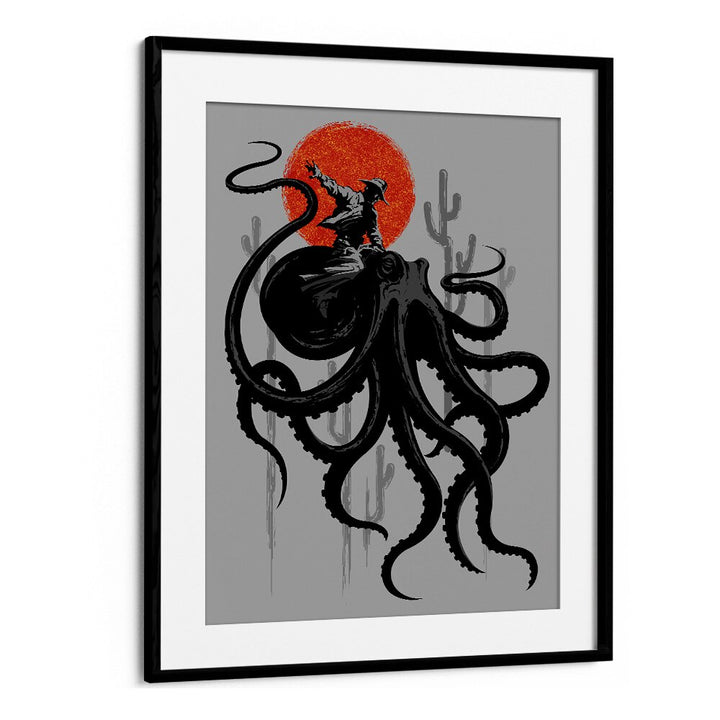 Riding The Octopus Cowboy Art Prints in Black Frame With Mount