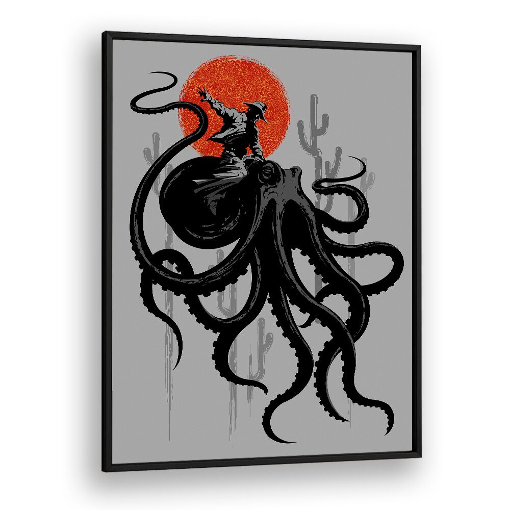 Riding The Octopus Cowboy Art Prints in Black Plain Frame