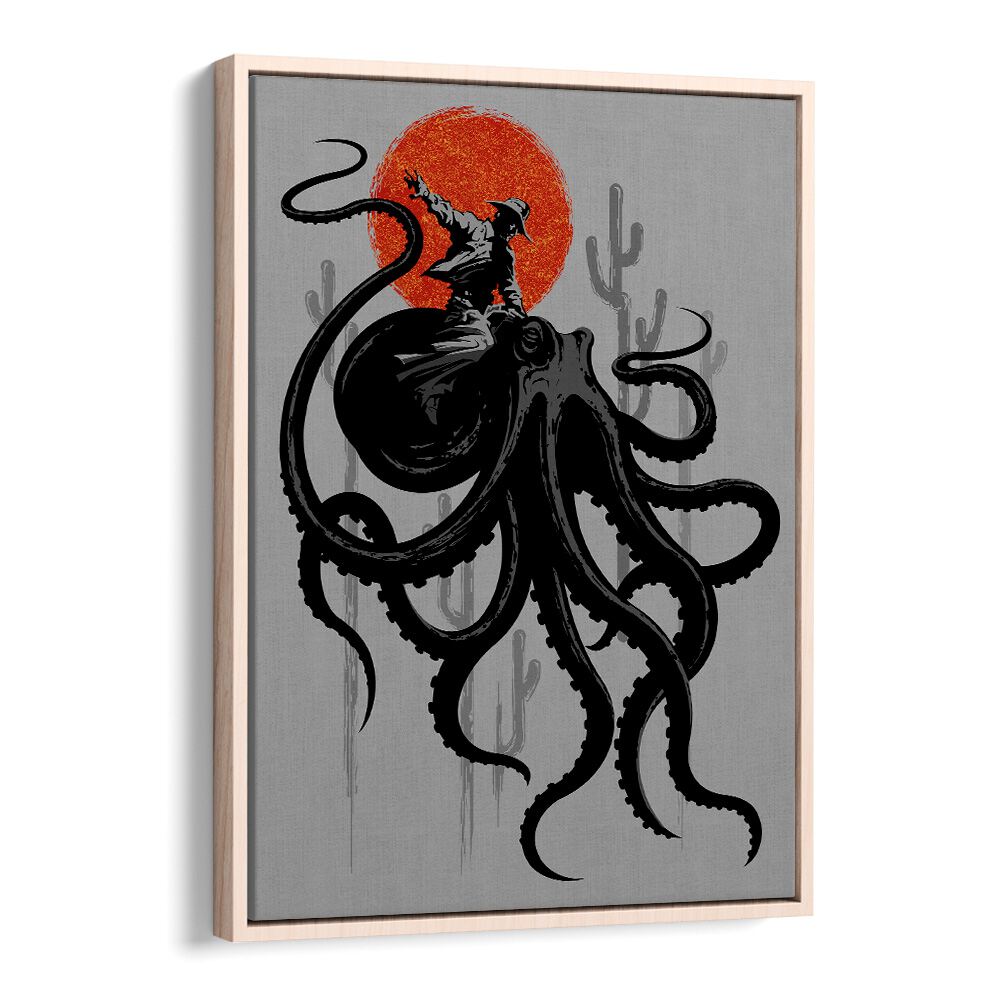 Riding The Octopus Cowboy Art Prints in Oak Wood Floater Frame