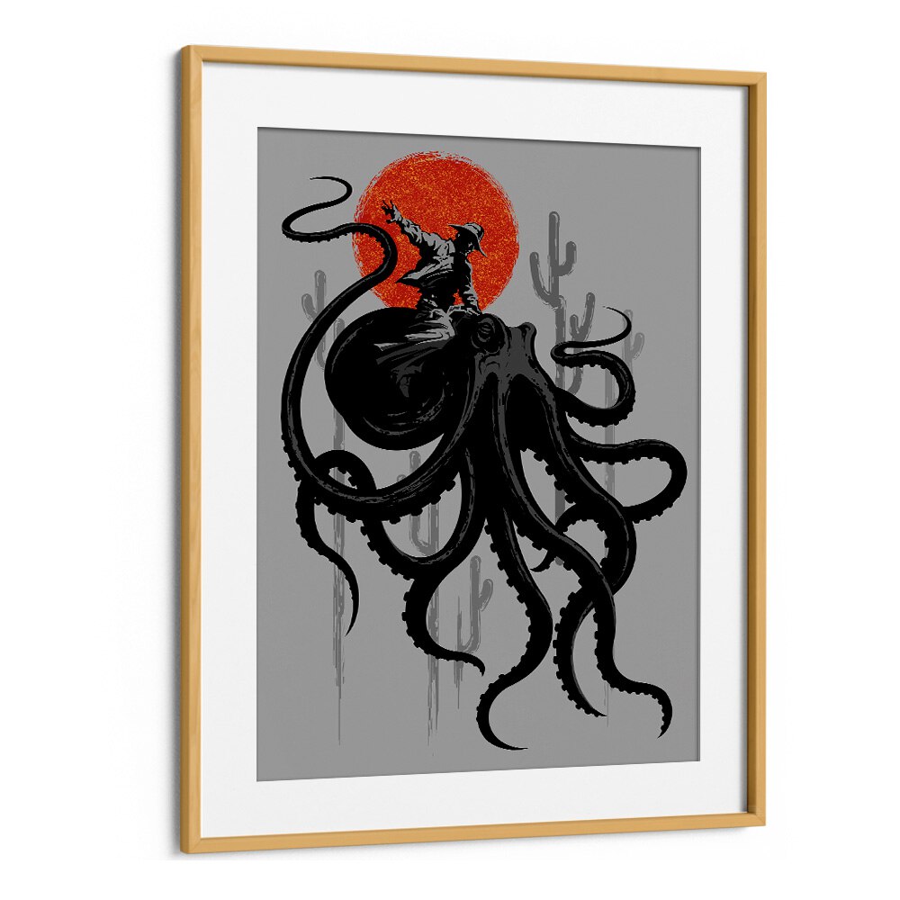 Riding The Octopus Cowboy Art Prints in Oak Wood Frame With Mount