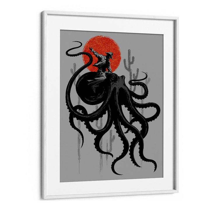 Riding The Octopus Cowboy Art Prints in White Frame With Mount