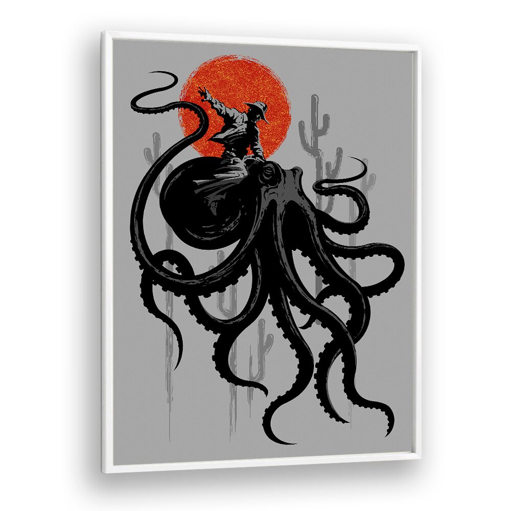 Riding The Octopus Cowboy Art Prints in White Plain Frame