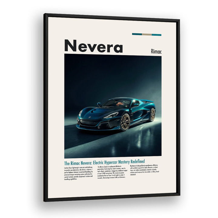 Transform your space with RIMAC NEVERA car posters, showcasing stunning automotive wall art in a sleek black frame.