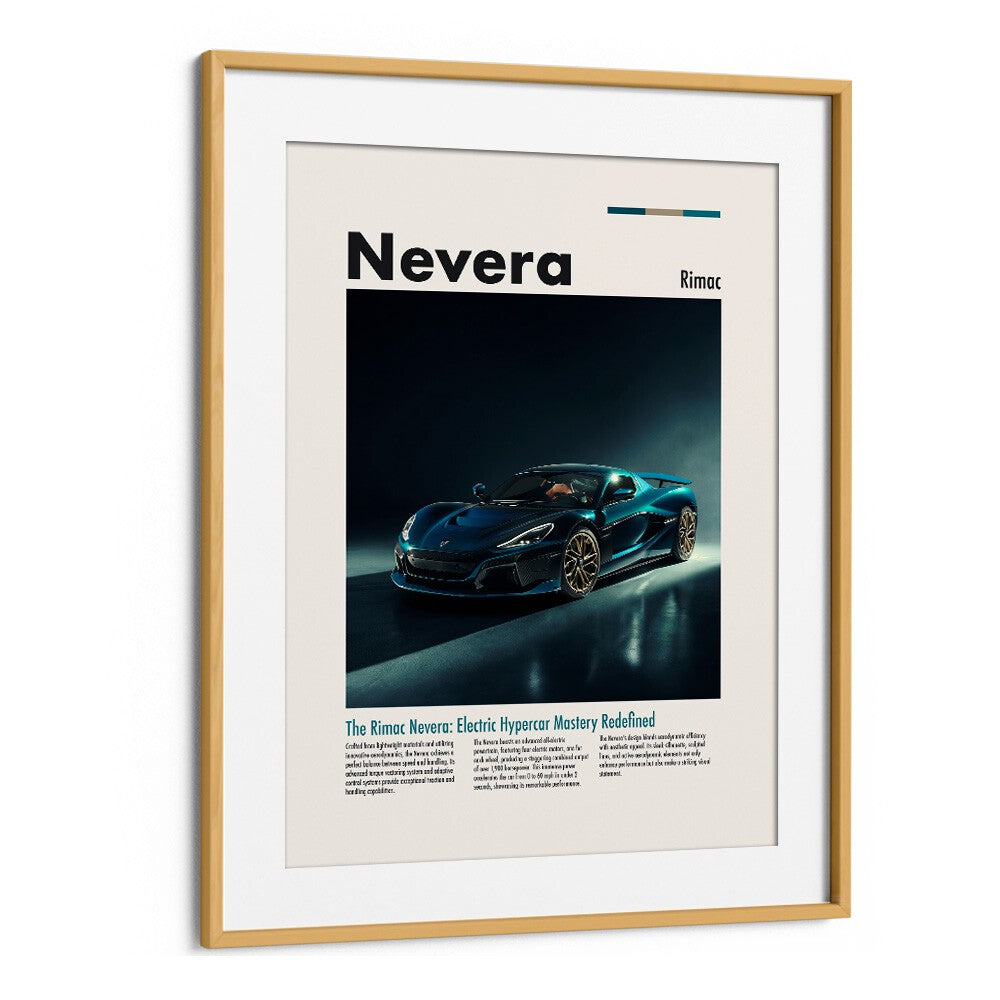 RIMAC NEVERA car posters in oak frame, showcasing stunning automotive art for passionate collectors.