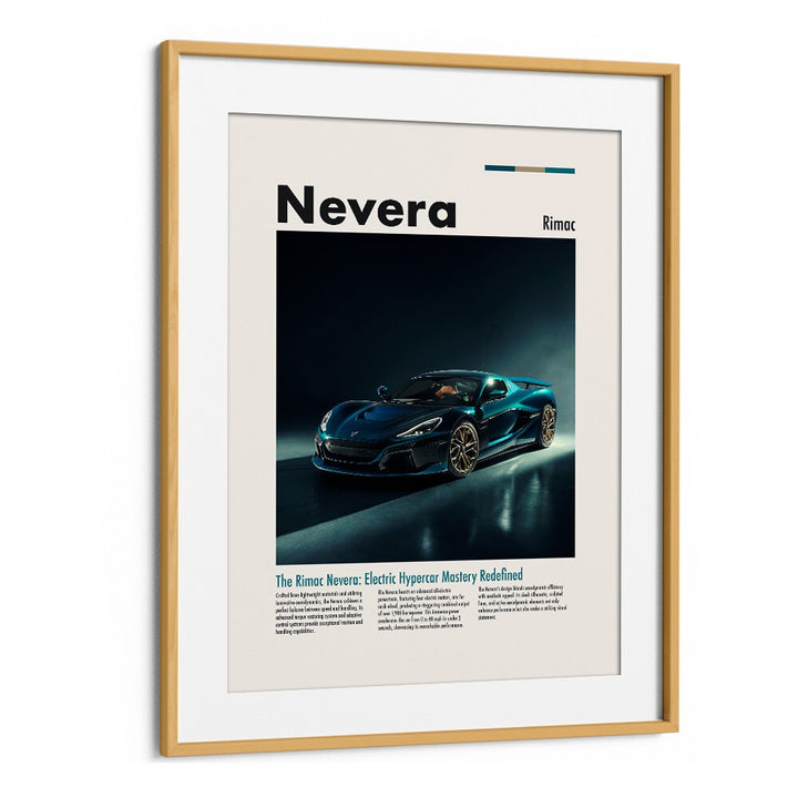 RIMAC NEVERA car posters in oak frame, showcasing stunning automotive art for passionate collectors.