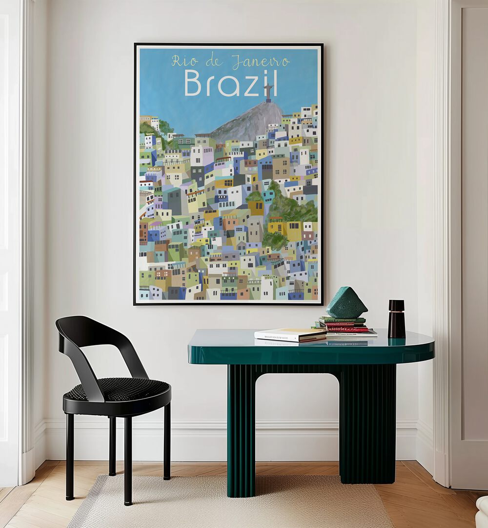 Rio De Janeiro by Carla Daly Travel Posters in Black Plain Frame placed on a wall behind a study table