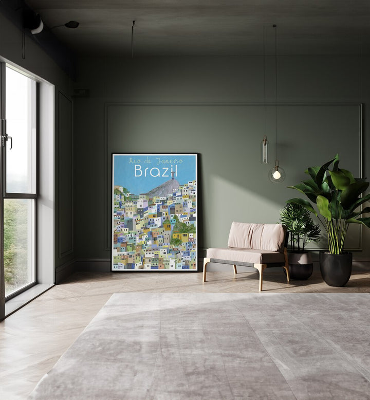 Rio De Janeiro by Carla Daly Travel Posters in Black Plain Frame placed on the floor between a sofa and  a window