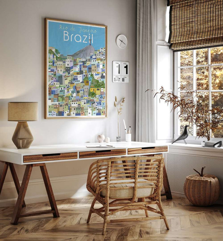 Rio De Janeiro by Carla Daly Travel Posters in Oak Wood Plain Frame placed on the wall behind a study table and beside a window