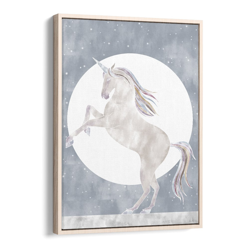 Rising Unicorn  Kids Paintings in Oak Wood Floater Frame