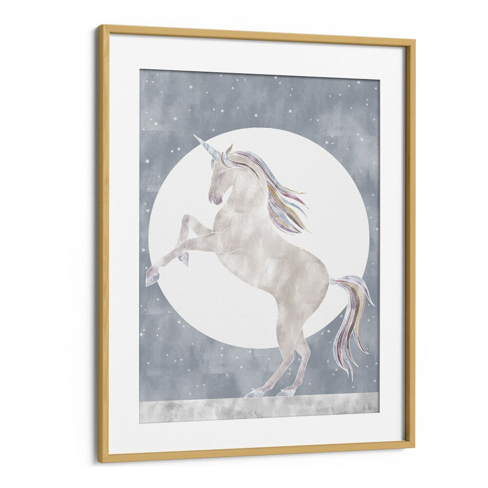 Rising Unicorn  Kids Paintings in Oak Wood Frame With Mount