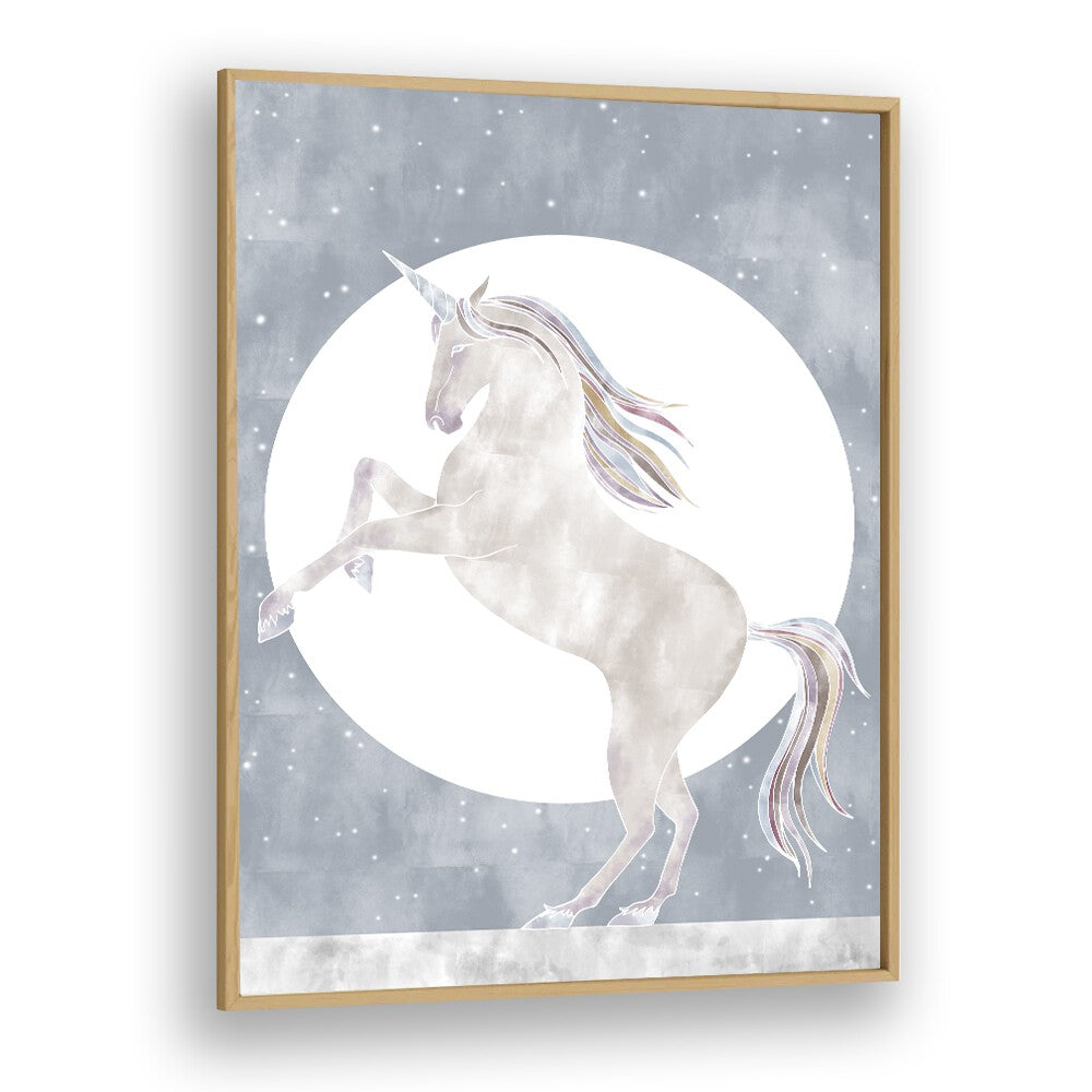 Rising Unicorn  Kids Paintings in Oak Wood Plain Frame