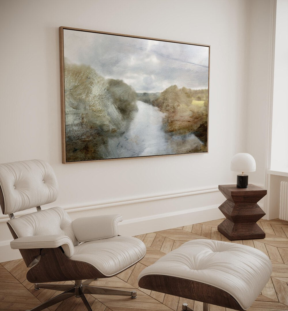 River By Dan Hobday Landscape Art Prints Landscape Paintings in Oak Wood Plain Frame placed on a Cream Colored Wall in the Drawing Room