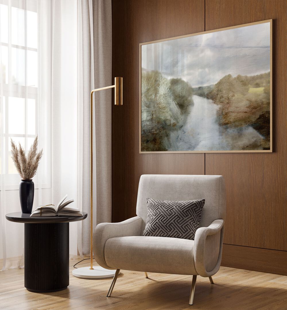 River By Dan Hobday Landscape Art Prints Landscape Paintings in Oak Wood Plain Frame Placed on a Wooden Textured Wall in the Drawing Room