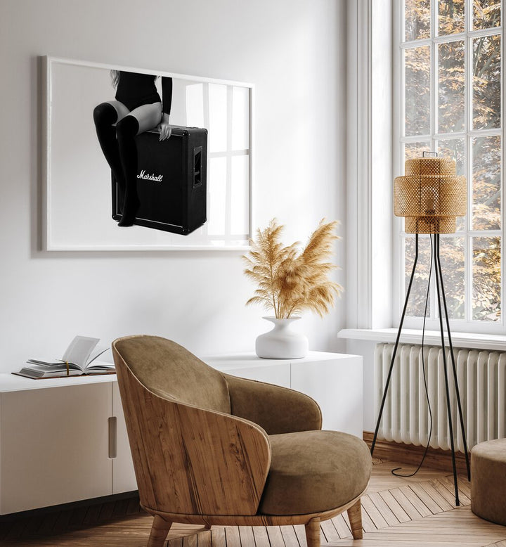 Rock Me the Ultimate by David Drake Fine Art Photography Fashion Photography in White Plain Frame placed on a wall behind a console table and beside a window