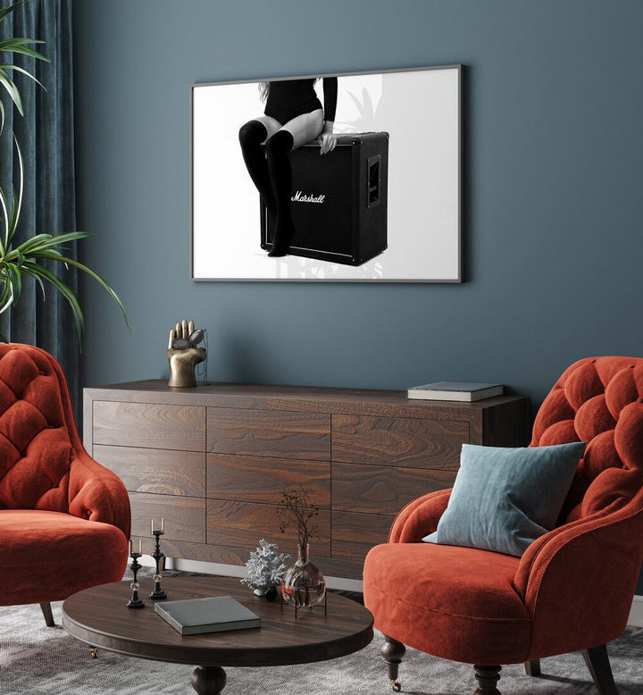 Rock Me the Ultimate by David Drake Fine Art Photography Fashion Photography in Black Plain Frame placed on a wall behind a console table