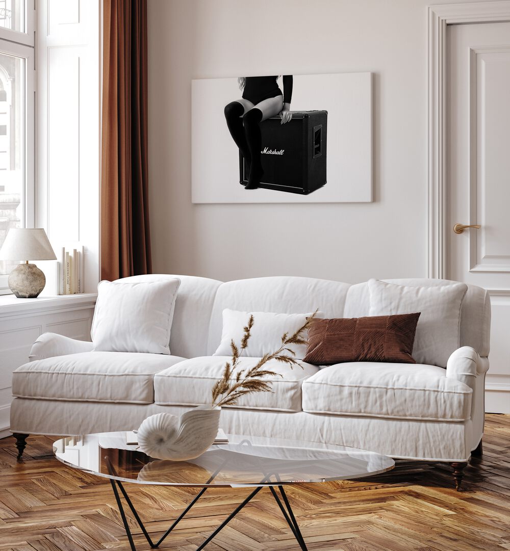 Rock Me the Ultimate by David Drake Fine Art Photography Fashion Photography in Gallery Wrap placed on a living room wall beside a window and a sofa