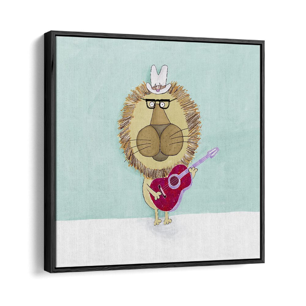 Rock Star Lion With A Cowboy Hat Plays His Guitar By Carla Daly Kids Room Art in Black Floater Frame