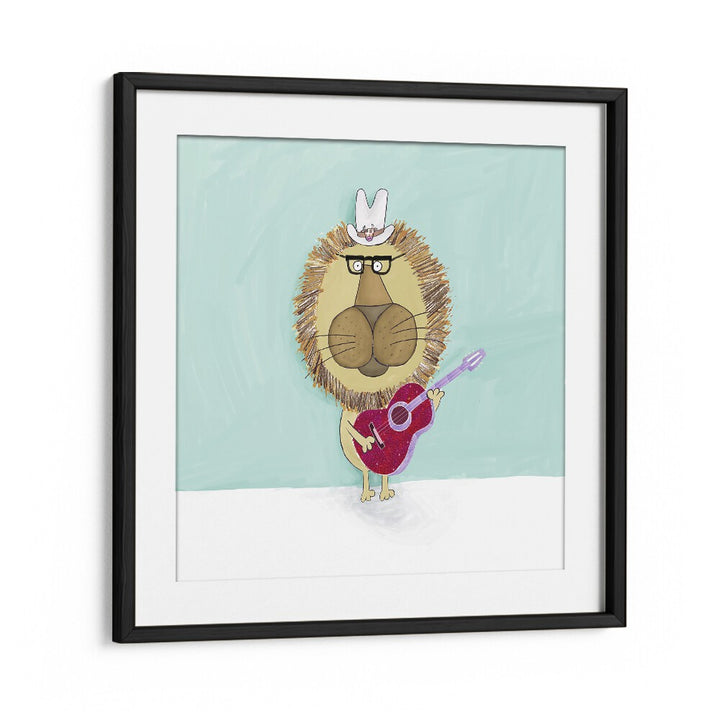 Rock Star Lion With A Cowboy Hat Plays His Guitar By Carla Daly Kids Room Art in Black Frame With Mount