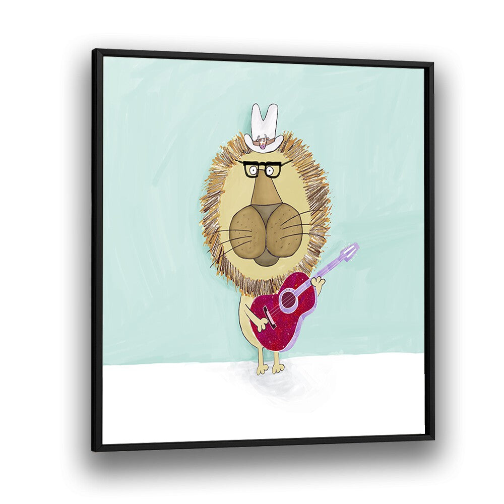 Rock Star Lion With A Cowboy Hat Plays His Guitar By Carla Daly Kids Room Art in Black Plain Frame