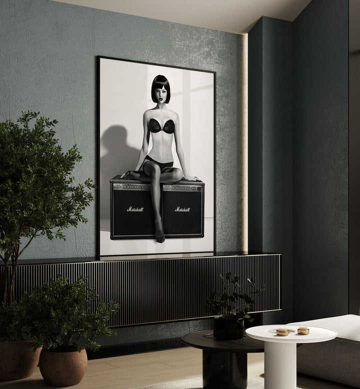 Rock This by David Drake Fine Art Photography Fashion Photography in Black Plain Frame placed on a wall behind a console table