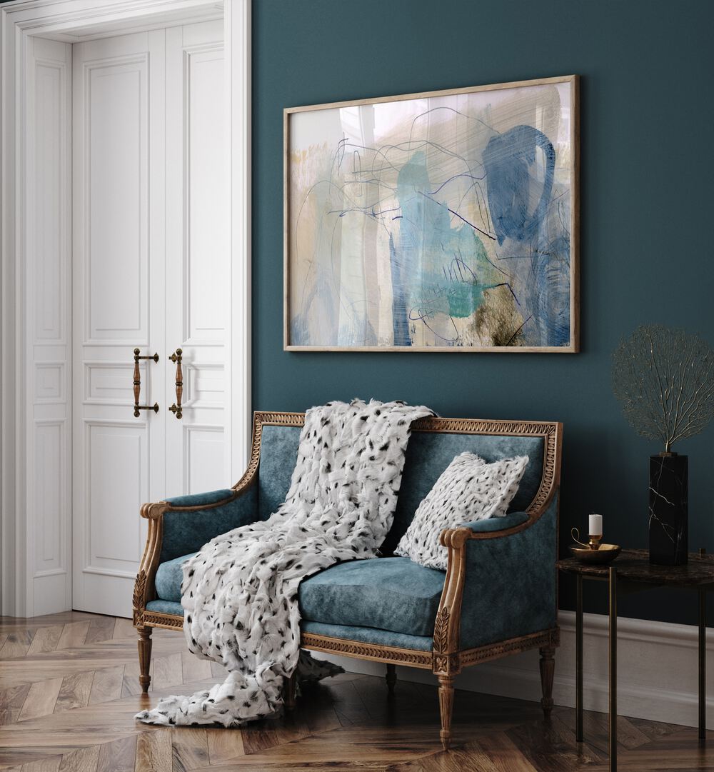 Rockpool By Dan Hobday Abstract Art Abstract Paintings in Oak Wood Plain Frame placed on a Blue Colored Wall in the Alley Way in the Drawing Room