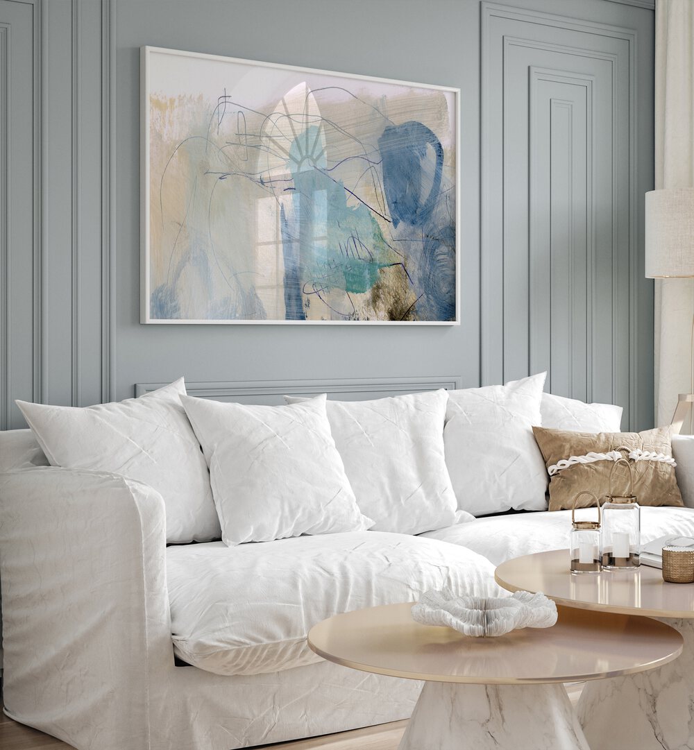 Rockpool By Dan Hobday Abstract Art Abstract Paintings in White Plain Frame placed on a Light Blue Colored Wall near a White Sofa in the Living Room